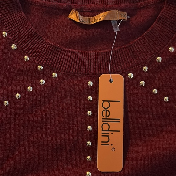 Macy’s Studded Embellished Puff Sleeve long sleeve Sweater burgundy Sz 1X - Picture 8 of 16